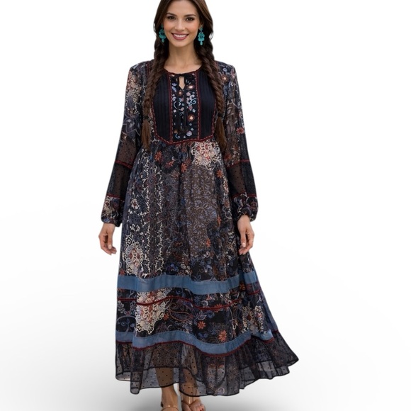 Double D Ranch “Lakota” velvet trimmed bejeweled dress NWT